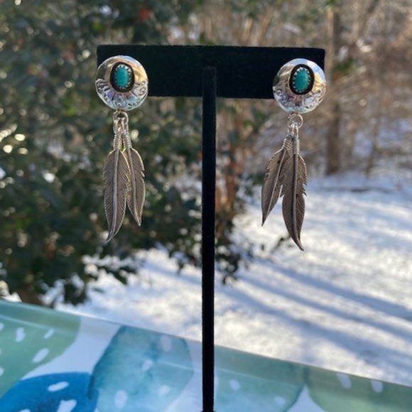 VTG Fred Weekoty Zuni Sterling Turquoise Feather EARRINGS - Picture 5 of 8
